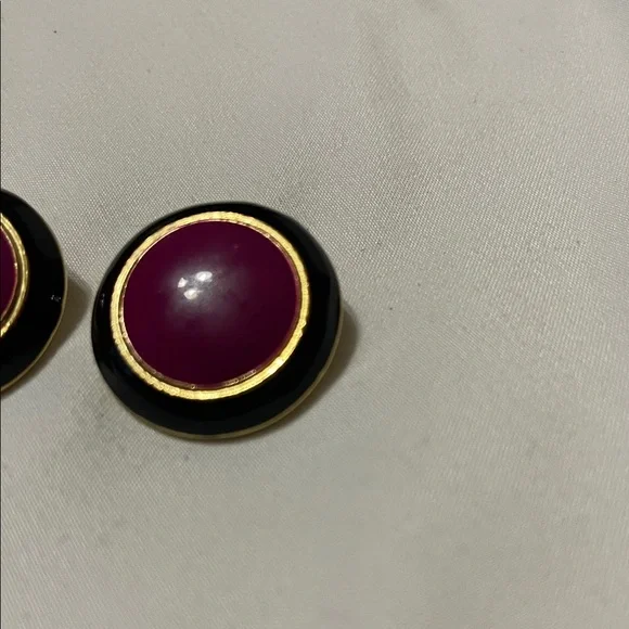 Round Purple Stud Earrings with Gold and Black Rim - Picture 4 of 8